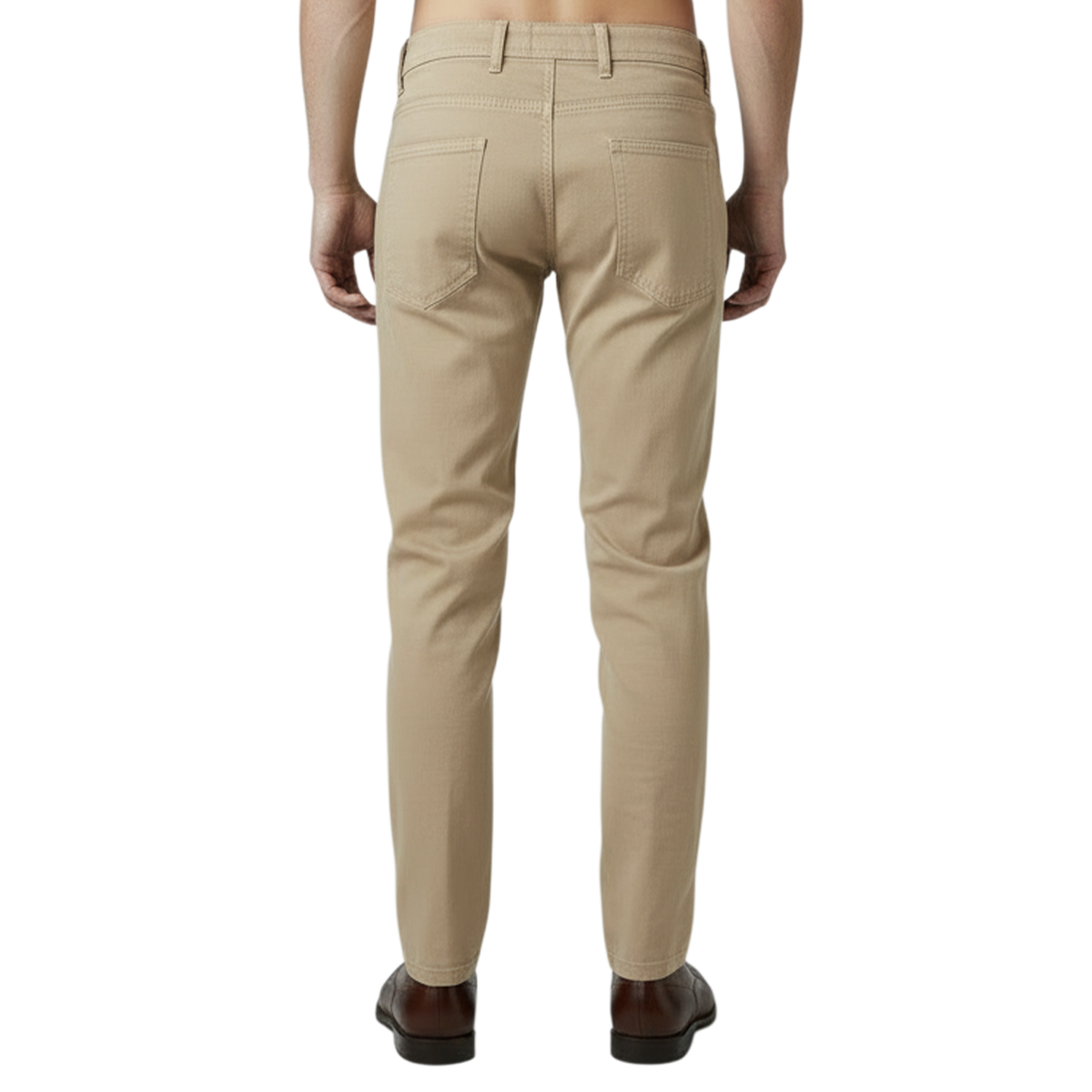 Elegante italienische Herren-Denim in Beige mit klassischer Five-Pocket-Rückansicht und körpernaher Silhouette – Rückansicht.