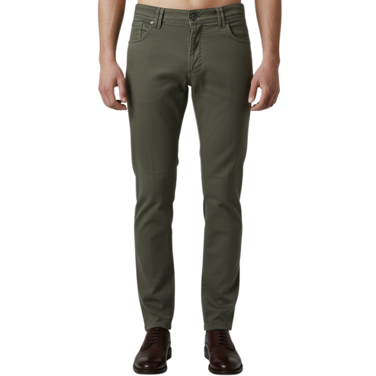 Elegante italienische Herren-Denim in Olivgrün mit schlanker Passform, klassischem Five-Pocket-Design und elastischem Tragekomfort – Vorderansicht.
