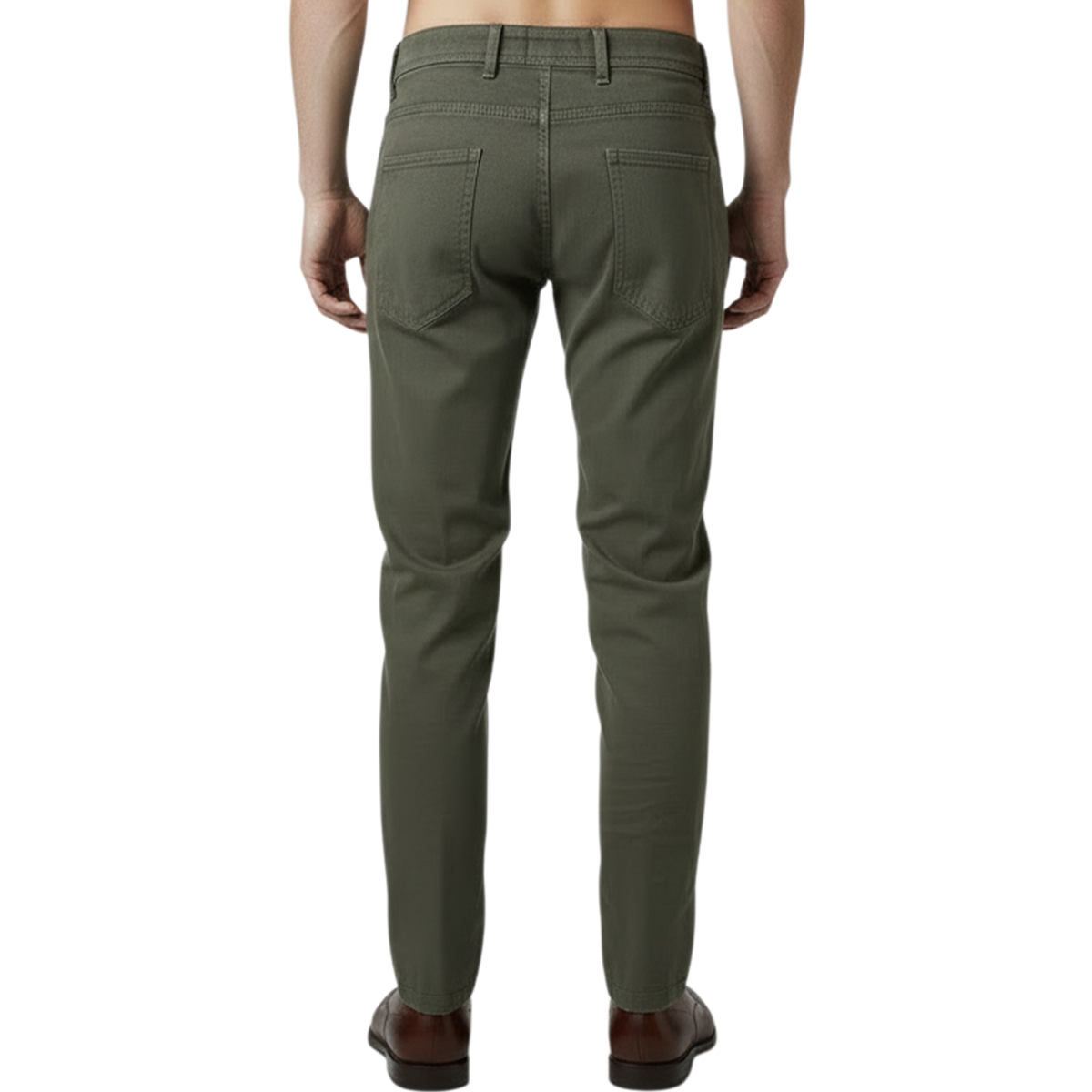 Elegante italienische Herren-Denim in Olivgrün mit schlanker Silhouette, formstabilem Sitz und klassischer Gesäßtaschen-Anordnung – Rückansicht.
