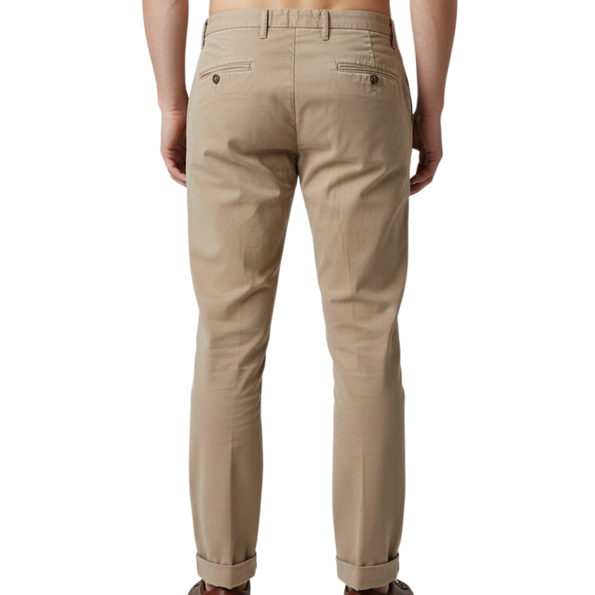 Italienische Herren-Hose in Honigfarbe mit Fischgratmuster, Paspeltaschen und Umschlag – Rückansicht
