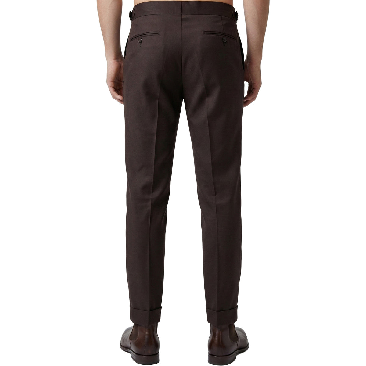 Dunkelbraune italienische Gurkha-Hose mit Paspeltaschen und schlanker Silhouette – Rückansicht
