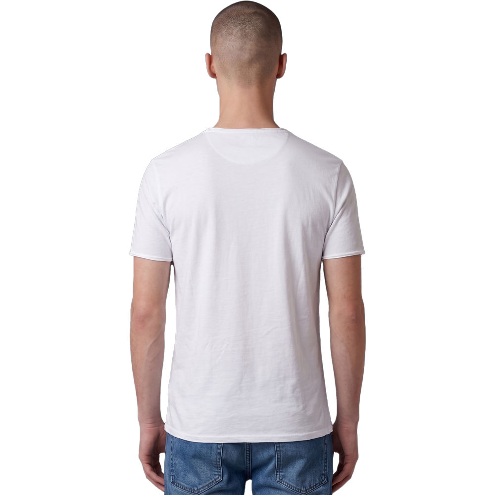 Rückansicht des weißen T-Shirts Stampa Animale E Umana. Cleanes, minimalistisches Design mit einer dezenten Halbmond-Naht im Nacken und deutlich sichtbaren, offenkantigen Rollsäumen an den Ärmelabschlüssen und am unteren Bund. Passend kombiniert mit einer blauen Jeans.