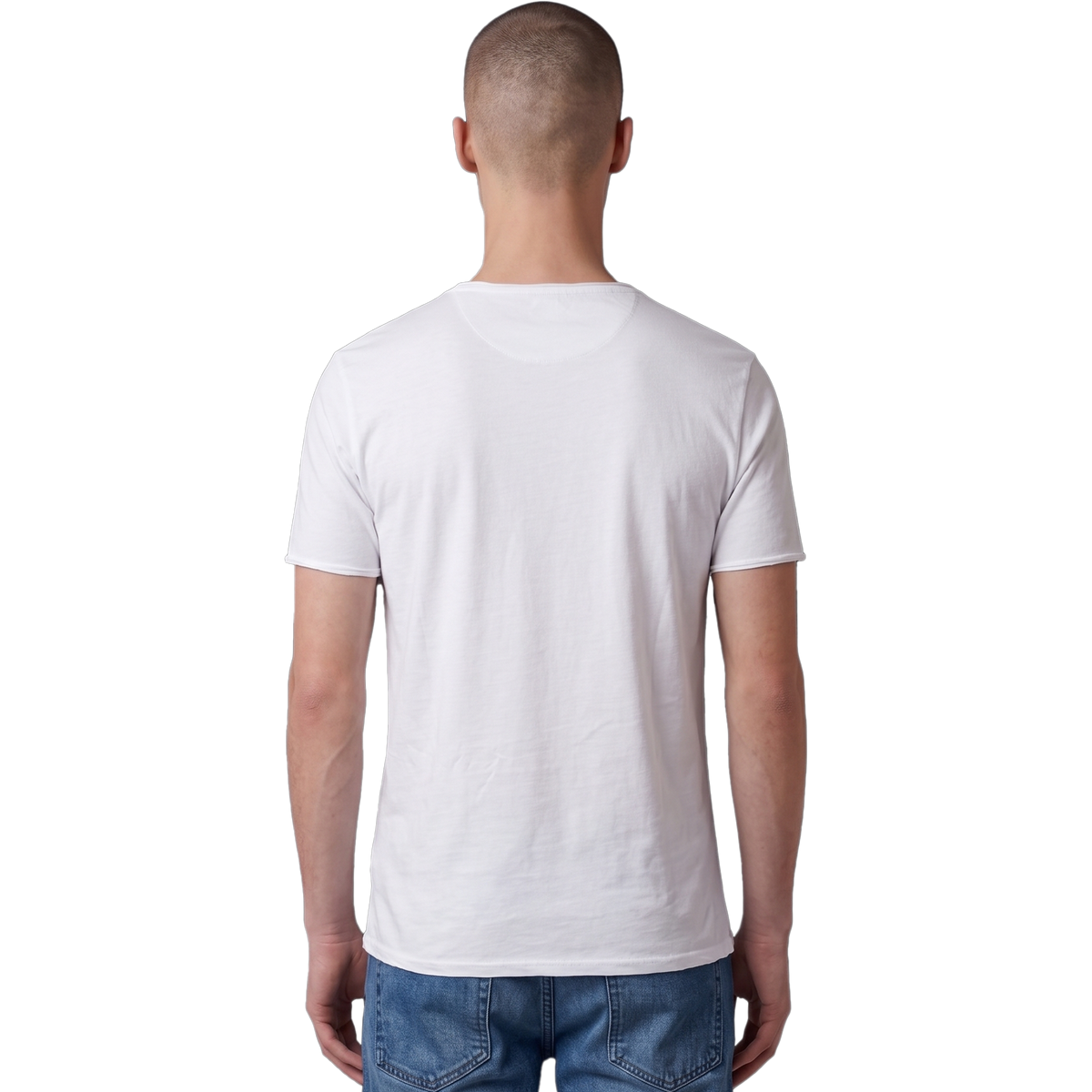 Rückansicht des weißen T-Shirts Stampa Animale E Umana. Cleanes, minimalistisches Design mit einer dezenten Halbmond-Naht im Nacken und deutlich sichtbaren, offenkantigen Rollsäumen an den Ärmelabschlüssen und am unteren Bund. Passend kombiniert mit einer blauen Jeans.