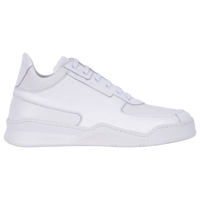 Seitenansicht des weißen Vaarora Aurel Mid Top Sneakers. Das cleane Premium-Leder mit strukturierten Einsätzen und die massive, durchgenähte Sohle unterstreichen das luxuriöse „Heavy Weight“ Design.