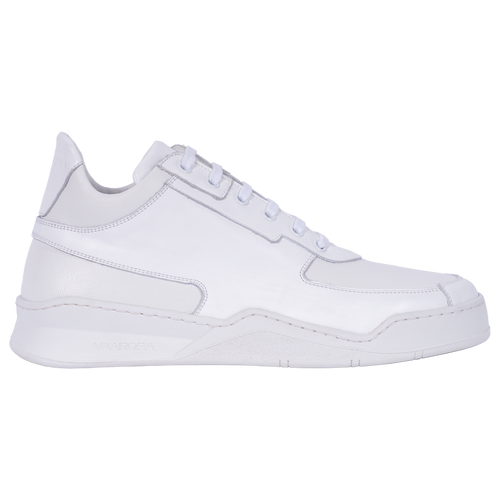 Seitenansicht des weißen Vaarora Aurel Mid Top Sneakers. Das cleane Premium-Leder mit strukturierten Einsätzen und die massive, durchgenähte Sohle unterstreichen das luxuriöse „Heavy Weight“ Design.