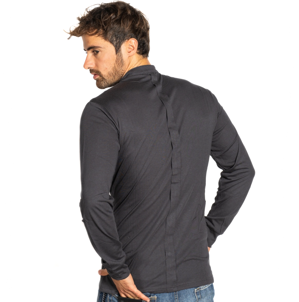 Italienisches, elastisches Langarmshirt für Herren in Piombo-Grau – Rückenansicht mit mittiger Nahtführung