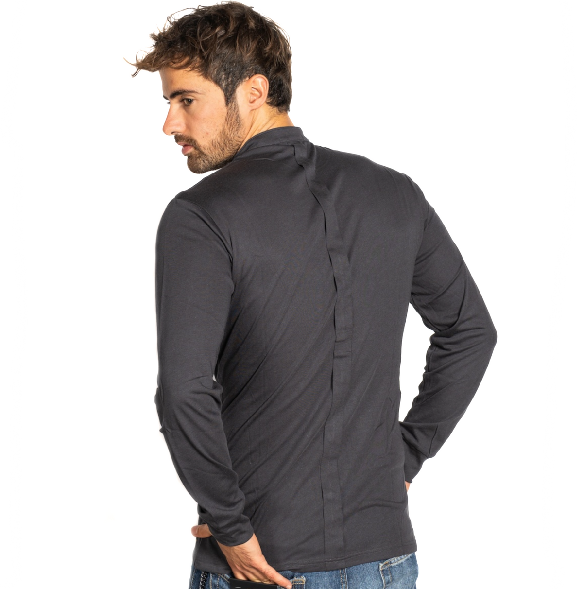 Italienisches, elastisches Langarmshirt für Herren in Piombo-Grau – Rückenansicht mit mittiger Nahtführung